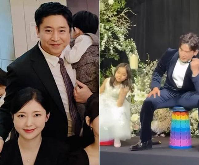 아들을 안고 포즈를 취하는 신화 에릭(왼쪽), 첫째 딸과 의자춤을 추는 이민우. /인스타그램
