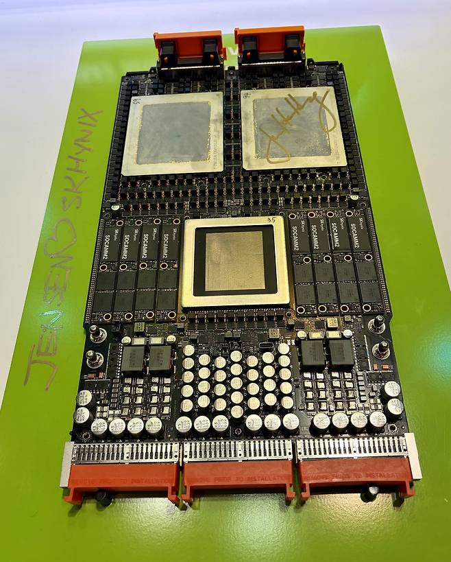 A prototype of SK hynix’s Vera Rubin product signed by Nvidia CEO Jensen Huang during his visit to the company’s booth at the annual developer conference GTC 2026, held between March 16 and 19 at the San Jose Convention Center in California. [YONHAP]