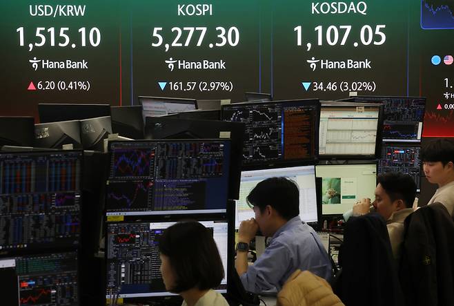 30일 서울 중구 하나은행 본점 딜링룸 전광판에 코스피 종가와 코스닥, 원달러 환율이 표시돼 있다. [연합뉴스]