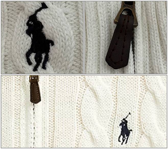 한 인플루언서가 진행한 공동구매를 통해 구매한 폴로 랄프로렌 스웨터의 로고·지퍼(위쪽)와 공식 사이트에서 판매되는 같은 제품 상세 이미지 [강승연 기자·폴로 랄프로렌 사이트 캡처]