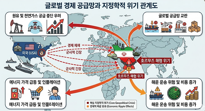 글로벌 경제 공급망과 지정학적 위기 관계도. AI로 생성한 이미지. /서득수 제공