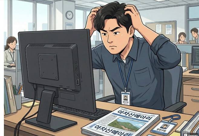 류승인 주무관의 일상은 서류와의 전쟁이었다. 매호 광진구 소식지 '아차산메아리'를 만들 때마다 각 팀에서 HWP 파일로 넘어오는 원고만 200건이 넘었다. 법령 검색도 매번 수동이었다. 지난해 10월 생성형 AI를 본격 활용하기 시작한 그가 선택한 방향은 단순 사용이 아니라 직접 개발이었다. (이미지=젠스파크로 생성)