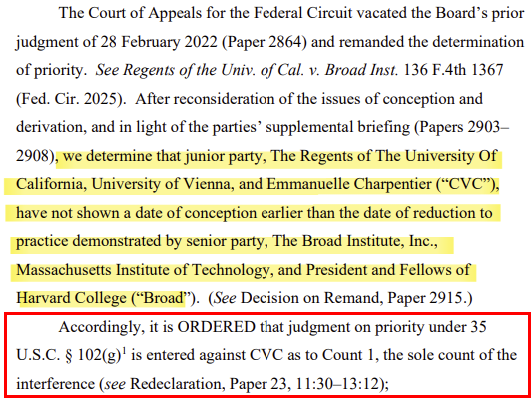 지난 26일(현지시간) 공개된 PTAB의 판결문. “CVC가 브로드연구소가 입증한 실제 구현시점보다 더 이른 발명구상시점을 입증하지 못했다고 판단했다”고 적혀있다. (자료=미국 특허심판원(PTAB))