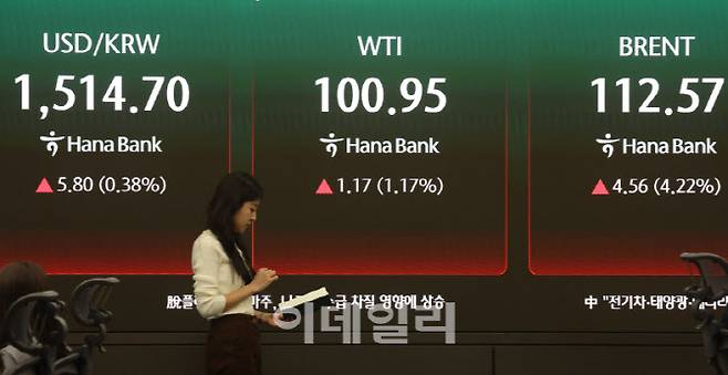[이데일리 이영훈 기자] 중동전쟁이 발발한 지 한 달이 지난 30일 오후 서울 중구 하나은행 본점 딜링룸에 환율, 서부텍사스산원유(WTI), 브랜트유가 표시되고 있다. 이날 코스피 지수는 전 거래일보다 161.57포인트(2.97%) 하락한 5277.30, 코스닥은 34.46포인트(3.02%) 하락한 1107.05로 마감했다. 달러원 환율은 전일 오후 3시 30분 주간종가 대비 6.8원 오른 1515.7원을 기록했다.