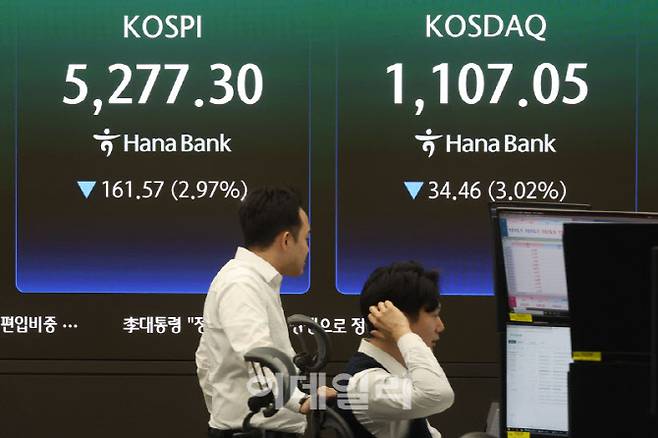 [이데일리 이영훈 기자] 중동전쟁이 발발한 지 한 달이 지난 30일 오후 서울 중구 하나은행 본점 딜링룸에 종가가 나오고 있다. 이날 코스피 지수는 전 거래일보다 161.57포인트(2.97%) 하락한 5277.30, 코스닥은 34.46포인트(3.02%) 하락한 1107.05로 마감했다. 달러원 환율은 전일 오후 3시 30분 주간종가 대비 6.8원 오른 1515.7원을 기록했다.