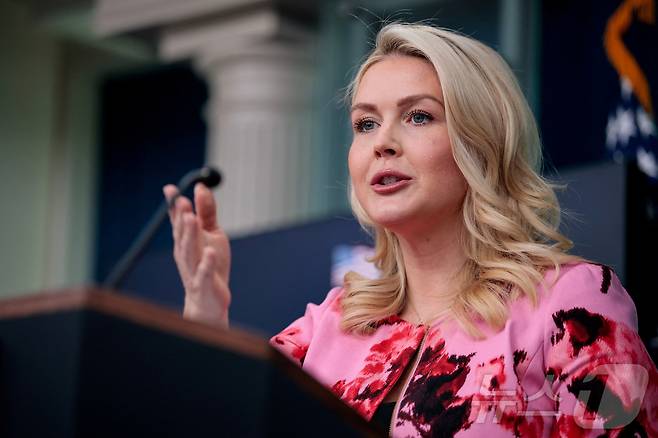 캐롤라인 레빗 미국 백악관 대변인이 30일(현지시간) 열린 브리핑에서 질문할 기자를 지명하고 있다. 2026.03.30. ⓒ 로이터=뉴스1