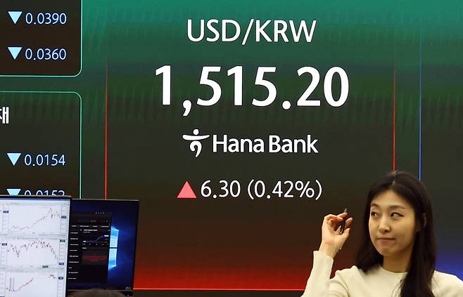 서울 외환시장에서 원·달러 환율이 전 거래일(1508.9원)보다 6.8원 오른 1515.7원에 주간 거래를 마감한 30일 서울 중구 하나은행 딜링룸에 원·달러 환율 시세가 보이고 있다. 코스피는 전 거래일(5438.87)보다 161.57포인트(2.97%) 하락한 5277.30에 마감, 코스닥 지수는 전 거래일(1141.51)보다 34.46포인트(3.02%) 내린 1107.05에 마쳤다. /뉴시스