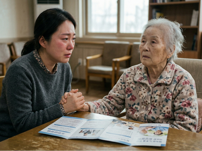 고령화 사회 속 치매 환자 가족의 간병 부담과 요양병원 입원을 둘러싼 깊은 고뇌를 주제로, 치매를 앓는 할머니의 손을 맞잡고 눈물을 흘리는 손녀의 모습을 AI를 이용해 이미지로 생성. /사진=생성형 AI 제미나이 나노바나나