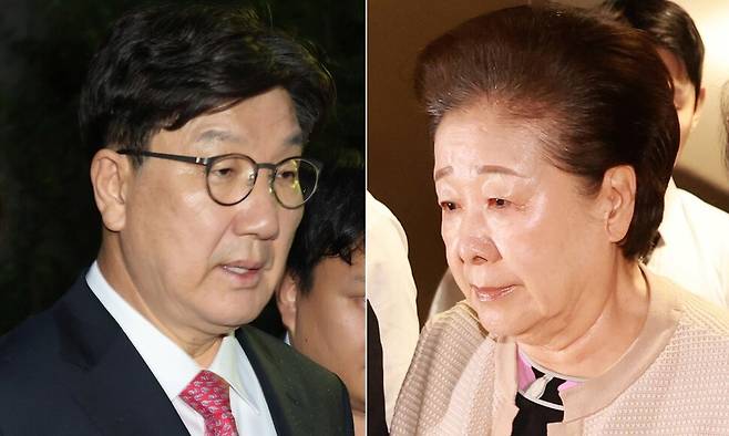 통일교로부터 불법 정치자금을 수수한 혐의를 받는 권성동 국민의힘 의원(왼쪽 사진)이 지난해 9월16일 오후 서울 서초구 서울중앙지법에서 구속 전 피의자 심문(영장실질심사)을 받은 뒤 대기 장소인 서울구치소로 향하고 있다. 권 의원은 이날 밤 구속됐다. 윤석열 정부에 통일교 현안 지원을 요청하며 금품 등을 전달한 의혹을 받는 한학자 통일교 총재가 그해 9월17일 오전 서울 종로구 케이티 광화문빌딩 웨스트에 마련된 김건희 특검 사무실로 출석하고 있다. 류우종 기자 wjryu@hani.co.kr 정용일 선임기자 yongil@hani.co.kr