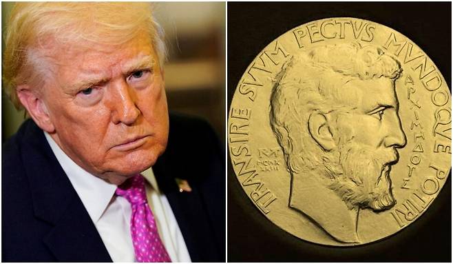 도널드 트럼프 미국 대통령이 2026년 3월29일 미국 메릴랜드주 앤드루스 합동 기지로 향하는 에어포스 원 기내에서 언론인들과 대화하며 주위를 둘러보고 있다.(왼쪽 사진) REUTERS 연합뉴스. 오른쪽은 필즈상 메달. 국제수학연맹 제공