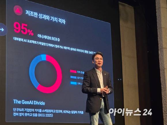 한선호 베스핀글로벌 최고인공지능책임자(CAIO)가 31일 오후 서울 양재 엘타워에서 열린 'AI 파트너스 데이 2026'에서 키노트를 하고 있다. [사진=베스핀글로벌]