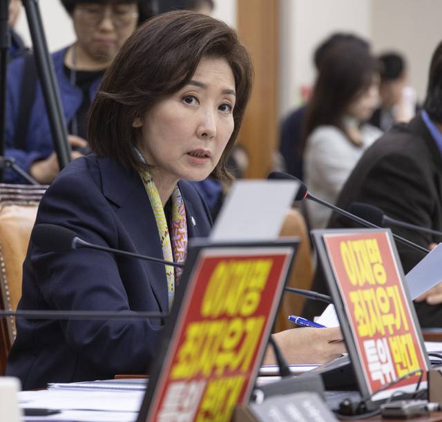나경원 국민의힘 의원이 지난 25일 국회에서 열린 윤석열 정권 정치검찰 조작기소 의혹 사건 진상규명 국정조사특별위원회 제2차 전체회의에서 국조특위 위헌성을 지적하는 발언을 하고 있다. 연합뉴스