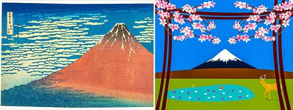 후지산은 세계문화유산. 왼쪽 그림은 1830~1832년에 카수시카 호쿠사이가 그린 후지산으로 '따뜻한 남풍과 맑은 하늘'이라는 제목이다. 오른쪽은 후지산과 벚꽃, 일본사슴, 도리(기둥 문) 등 일본의 상징물을 조합한 그림. 그림 metmuseum.org, 사진 몰리로제리