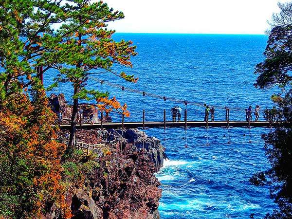 조가사키 해안절벽의 현수교. 세계지질공원으로 등재된 해안지형에서 관광을 즐기는 사람들. 사진 배소리스