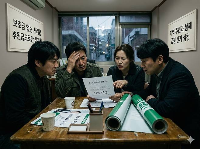 미국의 이란 공격과 호르무즈 해협 봉쇄에 따른 유가 상승은 보통 휘발유나 경유 등 주유소 가격표를 통해 체감된다. 하지만 이 파고가 현수막 제조 업계나 선거판에 첫발을 내딛는 정치 신인, 국회 의석이 없는 군소 정당의 홍보물에까지 영향을 미친다는 사실을 아는 이는 그리 많지 않다. 기사의 이해를 돕기 위해 구글의 생성형 인공지능(AI) ‘제미나이’로 생성한 이미지