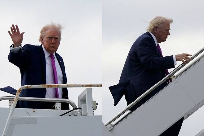 도널드 트럼프 미국 대통령이 29일(현지시간) 미국 플로리다주 웨스트 팜비치의 팜비치 국제공항에서 대통령 전용기 에어포스원에 탑승하고 있다. 2026.3.30. 로이터 연합뉴스