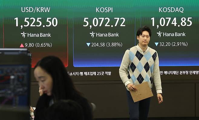 31일 오전 서울 중구 하나은행 본점 딜링룸 전광판에 코스피와 원-달러 환율이 표시돼 있다.&nbsp;ⓒ연합뉴스