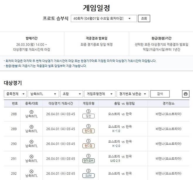 프로토 승부식 40회차 대한민국(원정)-오스트리아(홈) 대상경기 정보.