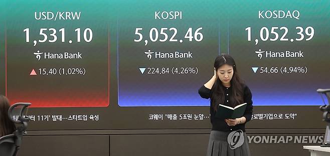 코스피, 5,050대 마감…코스닥도 5%가량 급락 (서울=연합뉴스) 박동주 기자 = 코스피가 이란 사태를 둘러싼 불확실성에 나흘째 내려 5,050대로 밀려난 31일 서울 중구 하나은행 딜링룸에서 직원들이 업무를 보고 있다.
     이날 코스피는 전장보다 224.84포인트(4.26%) 내린 5,052.46에 장을 마치며 지난 26일 이후 4거래일 연속 하락세를 나타냈다. 2026.3.31 pdj6635@yna.co.kr