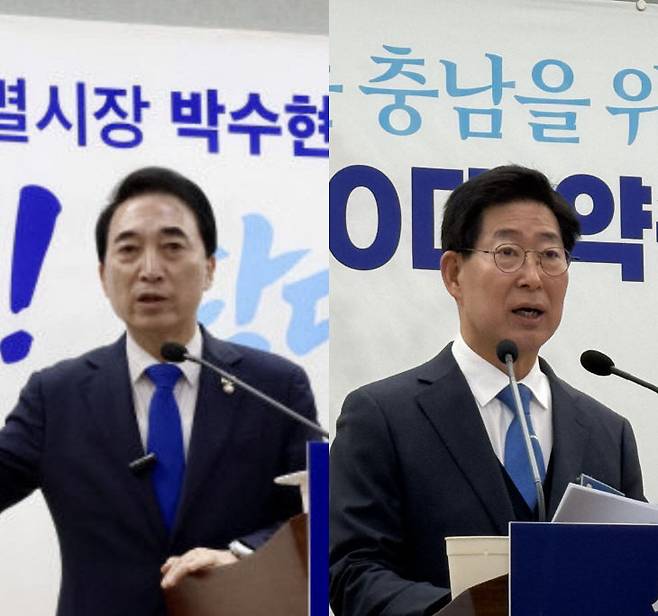 박수현 더불어민주당 충남지사 예비후보와 양승조 예비후보. /사진=박수현의원실 제공·오현민 기자