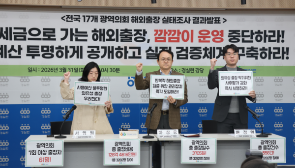 경제정의실천시민연합이 31일 기자회견을 열고서 광역의회 해외출장 실태조사 결과를 발표하고 있다. /경실련