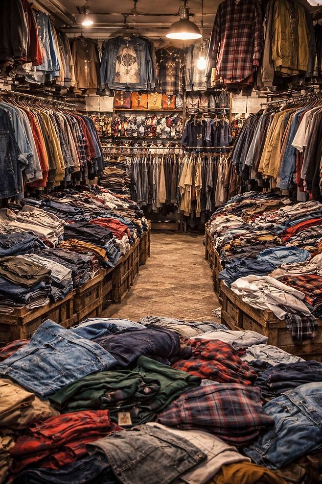 구제샵에는 온갖 종류의 옷들이 가득 차 있다. /챗GPT