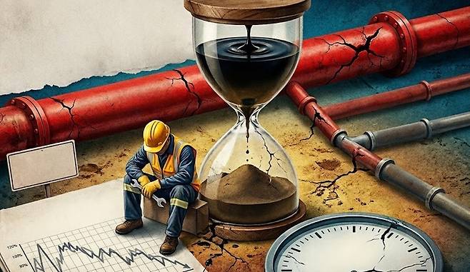 ▲호르무즈 해협 위기가 단순히 기름값 상승을 넘어 국내 제조 및 건설 현장의 '공급망 마비'라는 구조적 취약성을 다시 드러내고 있다. 정부는 아직 “공식 접수 제로"라며 신중론을 유지하고 있지만, 현장은 납품 중단 통보에  '폭풍전야' 상황이다.  AI생성이미지