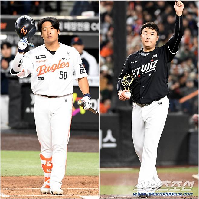 31일 대전한화생명볼파크에서 열린 KT와 한화의 경기. 2회말 KT 팬들에게 인사하는 한화 강백호와 6회말 마운드에 올라 한화 팬들을 향해 인사하는 KT 한승혁. 대전=허상욱 기자wook@sportschosun.com/2026.03.31/