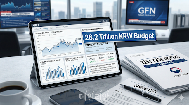 태블릿 PC 화면에는 '26조2000억원 규모 추가경정예산(26.2 Trillion KRW Budget)' 금액과 함께 '글로벌 고유가 추세(GLOBAL OIL PRICE TRENDS)', '유류세 인하 영향(FUEL TAX REDUCTION IMPACT)' 등 주요 경제 지표 그래프들이 표시돼 있다. ⓒ제미나이
