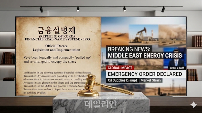 지난 1993년 전격 시행된 금융실명제 관련 기록(왼쪽)과 최근 중동발 에너지 충격에 따른 긴급명령 관련 보도 화면(오른쪽)을 법봉과 함께 배치해, 초예외적 국가 비상권인 긴급재정경제명령의 역사적 연속성과 헌법적 엄격성을 시각화했다. ⓒ제미나이