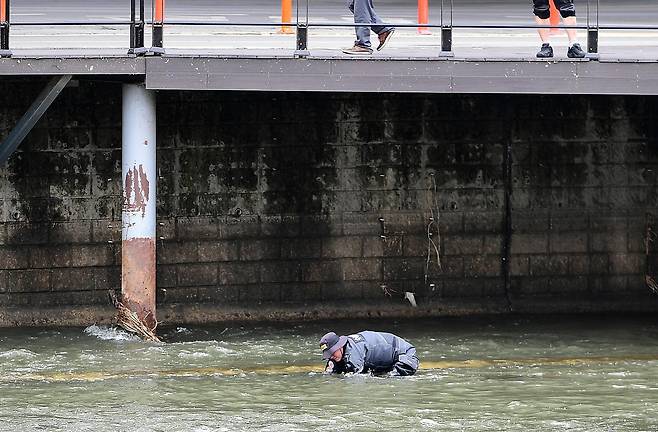 31일 오전 10시 30분쯤 “신천에 수상한 캐리어가 있다”는 신고를 접수한 경찰이 대구 북구 칠성동 잠수교 주변을 수색하고 있다. 경찰은 캐리어 안에서 여성 시신을 발견해 수사에 나섰다. (독자 제공) 2026.3.31 ⓒ 뉴스1