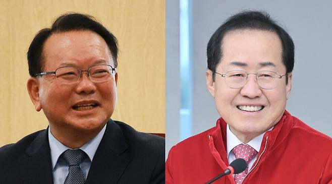 (왼쪽) 대구시장 선거에 출마한 더불어민주당 소속 김부겸 전 국무총리가 1일 서울 종로구 조계사 한국불교역사 문화기념관에서 조계종 총무원장 진우스님과 대화하고 있다. 연합뉴스 (오른쪽) 홍준표 당시 대구시장이 2025년 4월7일 대구시청 산격청사에서 간부회의를 하고 있다. 대구시 제공