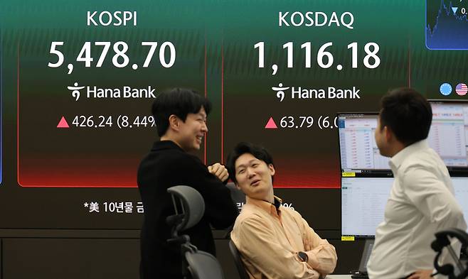 1일 중구 하나은행 본점 딜링룸 전광판에 코스피지수가 표시돼 있다. [이승환 기자]