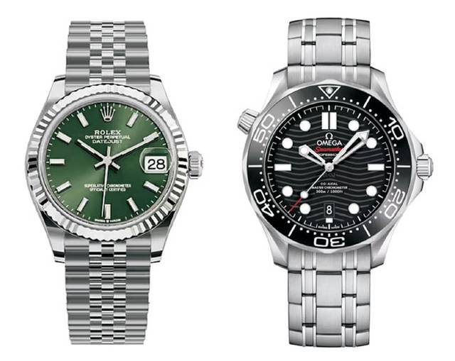 왼쪽부터 롤렉스 데이트저스트, 오메가 씨마스터 다이버300.
