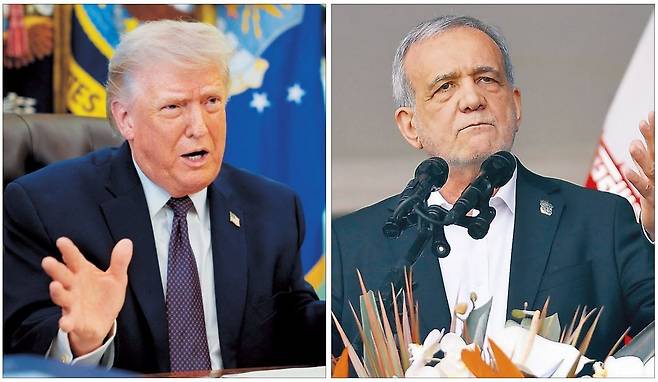 도널드 트럼프 미국 대통령이 31일(현지시간) 이란과의 전쟁 종료시점에 대해 “2∼3주 이내”를 언급했다. 마수드 페제시키안 이란 대통령도 이날 미국을 상대로 ‘필수 조건’ 충족을 전제로 “이 분쟁을 끝낼 의지가 있다”고 밝히며 종전에 대한 기대감을 높였다. 사진은 이날 워싱턴DC 백악관 집무실에서 열린 행정명령 서명 행사에서 발언하는 트럼프 대통령과 페제시키안 이란 대통령 모습.  [로이터·신화]