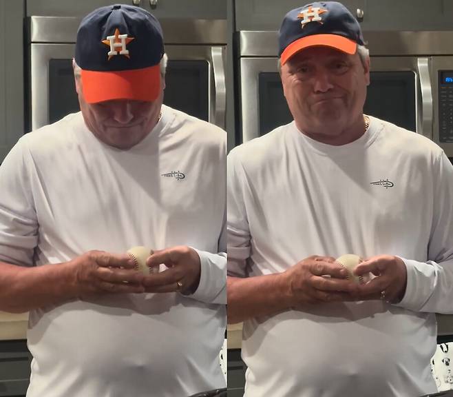 ▲ 휴스턴 애스트로스 우완투수 라이언 와이스의 장인어른이 와이스로부터 선물을 받고 울컥하고 있다. ⓒ헤일리 브룩 SNS