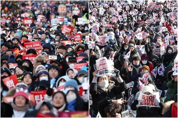 12·3 비상계엄 사태 1년이었던 지난해 12월 3일 진보·보수 단체들이 여의도 국회 인근 곳곳에서 집회를 열고 있다. 2025.12.3 [사진=연합뉴스]