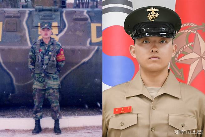 제주 서귀포시 대정읍 가파도 출신으로 4대 해병 가문으로 거듭난 김준영 이병(사진 오른쪽)과 부친 김철민 씨. 사진=해병대사령부. ⓒ제주의소리