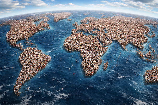 ▲수용 능력을 초과한 세계 인구. (챗GPT 이미지)