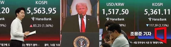 2일 서울 중구 하나은행 본점 딜링룸에 트럼프 대통령의 대국민연설 전에는 상승(왼쪽 사진)한 코스피가 연설 후에는 2% 이상 하락(오른쪽), 폭락을 이어가고 있다. 조용준 기자