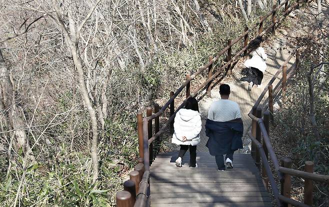 내장산 전망대로 걸어가는 여행객들. 박미향 기자