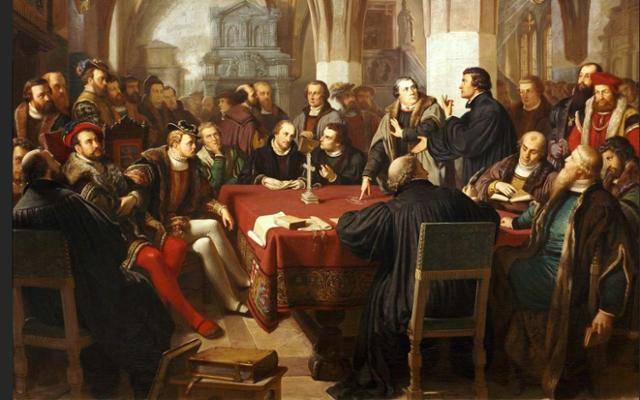 헤센 백작 필리프의 주최로 성만찬 교리 통합 목적으로 개최된 1529년 마르부르크 회담 장면. 프로테스탄트 최초의 주요 신학 논쟁으로, 루터파와 츠빙글리파의 교리적 분열을 결정 지은 역사적 분수령이 됐다. 최종원 교수, 도서출판 길 제공