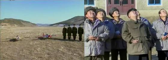 김정은 북한 국무위원장이 김정일 사망 한 달여 만인 2012년 1월 27일 군 수뇌부와 서부지구항공구락부를 방문해 무인항공기 시범을 참관하고 개발을 독려했다. 조선중앙TV 캡처, 연합뉴스