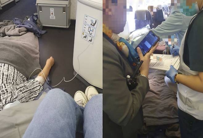 지난달 24일 비행기에서 김정환 강남을지병원 교수 등이 응급조치를 하고 있는 모습. 김정환 강남을지대병원 교수 페이스북 캡처