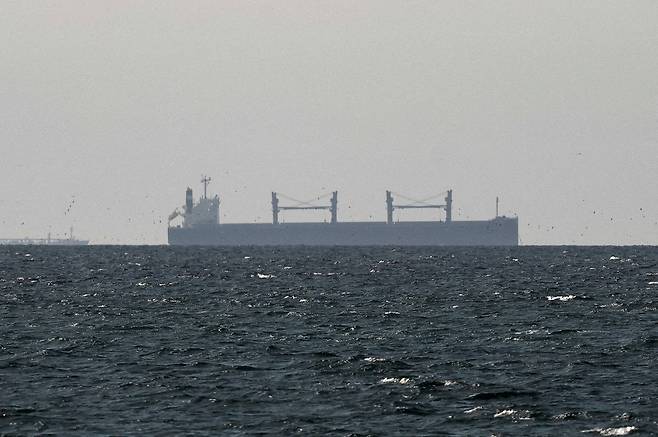 A cargo ship in the Gulf, near the Strait of Hormuz, as seen from northern Ras al-Khaimah, near the border with Oman’s Musandam governance, amid the U.S.-Israeli conflict with Iran, in the United Arab Emirates, March 11. [REUTERS/YONHAP]