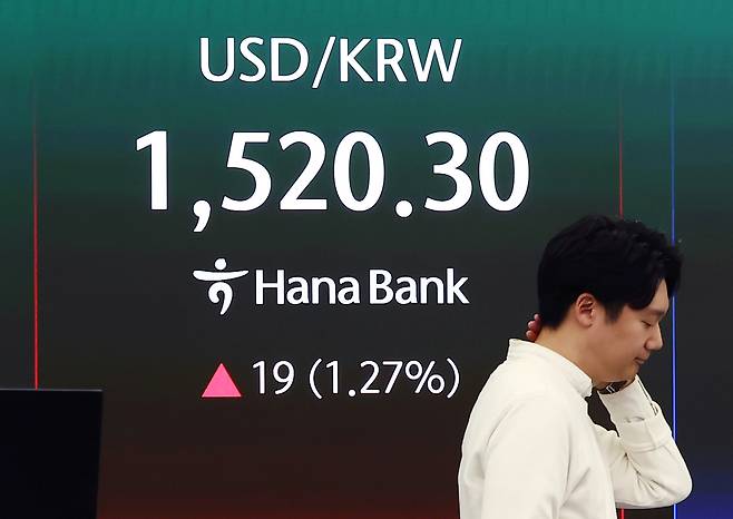 The dollar-won exchange rate is displayed on a board at Hana Bank's trading room in central Seoul on April 2. [NEWS1]
