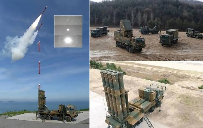 탄도미사일을 요격하는 천궁-II 발사 장면(왼쪽)과 전체 운용 체계(오른쪽 위), 다관통 발사대 근접 모습. 뉴욕타임스는 2일(현지시간) 이란 전쟁을 계기로 천궁-II의 실전 성과와 한국 방산의 가격·납기 경쟁력을 조명했다. 사진=방위사업청·LIG넥스원