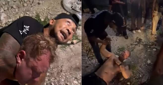 인도네시아 발리 울루와투의 밤거리에서 현지 격투기 코치가 외국인 관광객을 제압하는 장면(왼쪽)과, 제압 뒤 같은 남성이 바닥에 누운 관광객을 일으키는 모습. 코치는 이 관광객이 자신의 여성 지인에게 접촉해 개입했다고 주장했다. 인스타그램 캡처