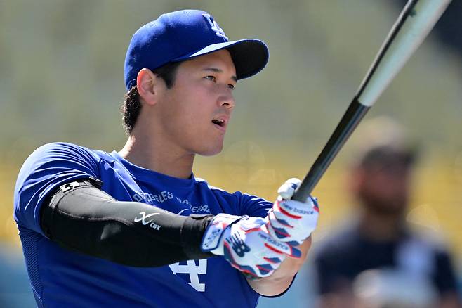 LA 다저스 오타니가 2일 클리블랜드전에 앞서 타격 훈련을 하고 있다. Imagn Images연합뉴스