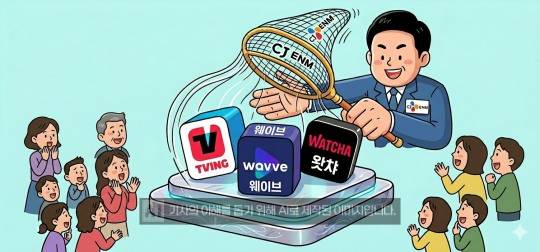 CJ ENM이 티빙·웨이브 합병을 가속하는 동시에 왓챠 인수까지 검토하면서, 티빙·웨이브·왓챠로 대표되는 국내 미디어 플랫폼 3축을 하나의 온라인동영상서비스(OTT) 빅딜 구조로 묶어가고 있다. /이미지=제미나이